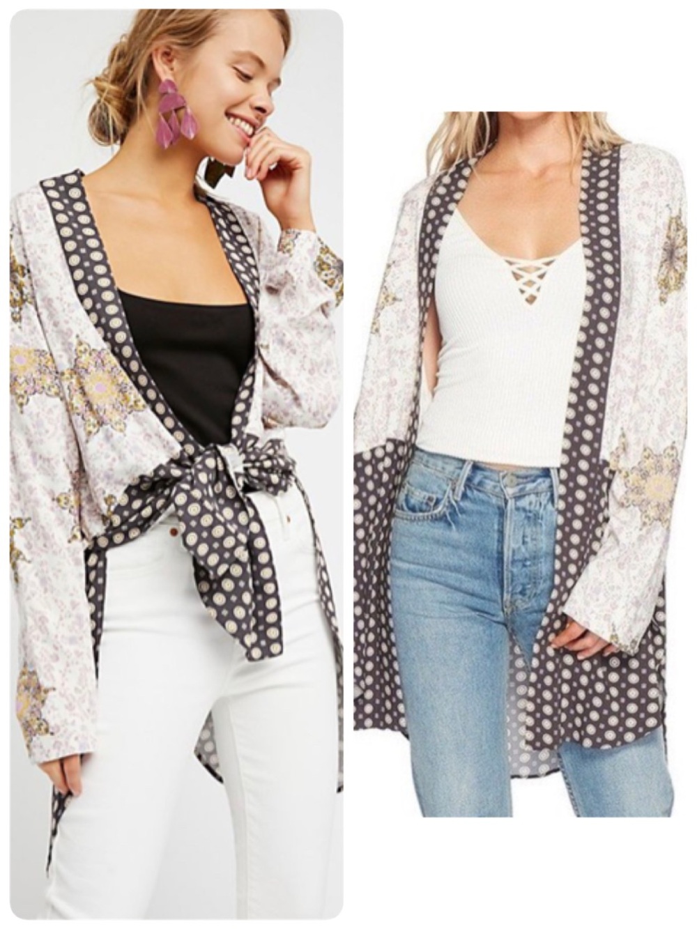 Free People Forget Me Knot Kimono Long Jacket Lightweight L Mixed Floral Print